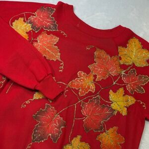 Vintage Pannill Red Sweatshirt XL Hand Painted Maple Leaf Glitter Autumn